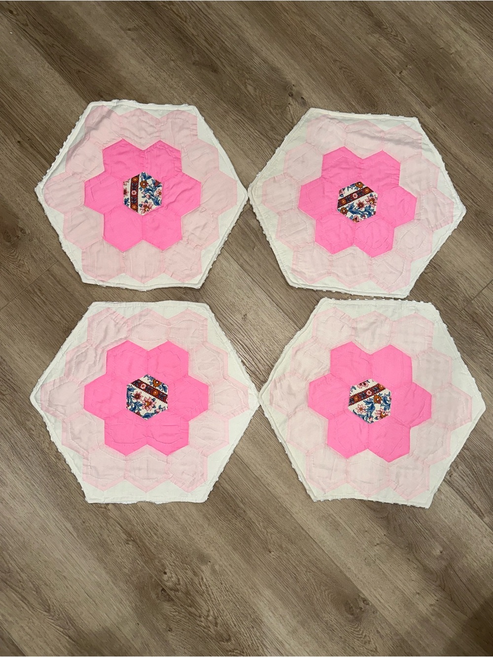 Handmade Pink Hexagon Floral Quilt placemats Set of 4.